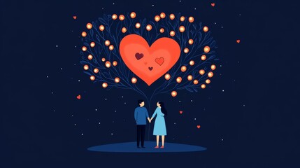 A romantic illustration of a couple under a glowing tree heart.