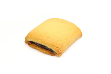 Single jam filled strudel treat isolated on white background
