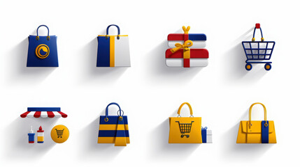 A Set of shopping and e-commerce vector icons with bags and carts in Blue and Yellow , unique vector icon set emoji