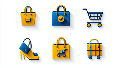 A Set of shopping and e-commerce vector icons with bags and carts in Blue and Yellow , unique vector icon set emoji