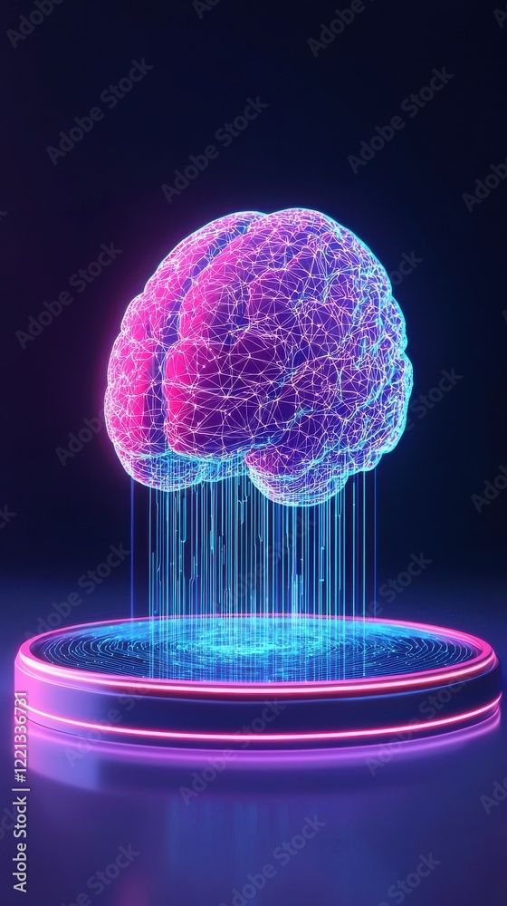 Poster abstract glowing brain scan merging with holographic neural networks in digital space