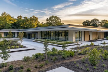 A modern health facility with flat roofs, clean edges, and landscaped surroundings