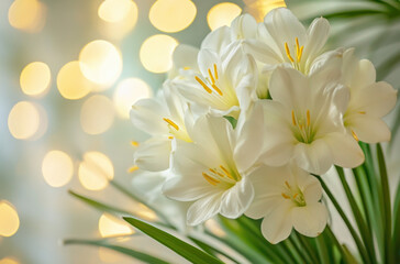 Elegant bouquet of white flowers with contrasting yellow stamens illuminated by soft light