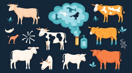 Obraz premium Colorful illustration featuring various farm animals and elements.