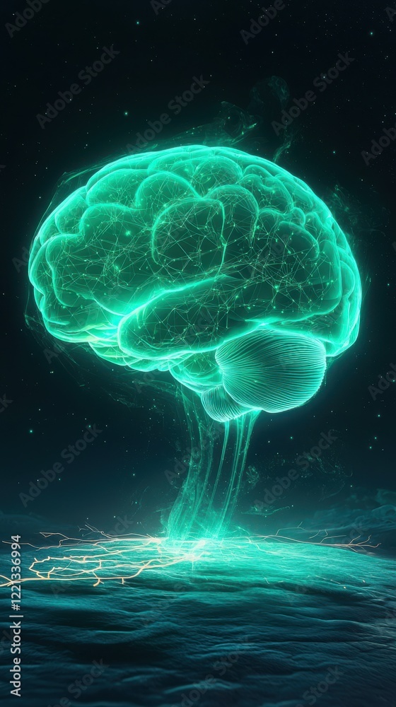 Poster abstract glowing brain scan merging with holographic neural networks in a futuristic environment