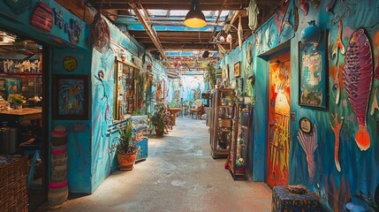Obraz premium Artistic colorful urban alley with graffiti and boutique shops