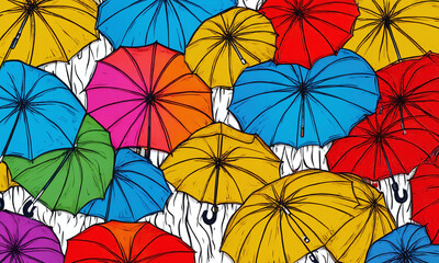 Vibrant umbrellas create a colorful canopy above a rainy street in a bustling urban area