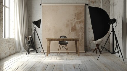 Photography studio setup with lighting equipment and backdrops