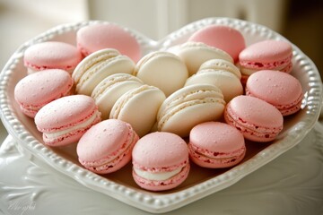 Obraz premium Heart-shaped plate adorned with pink and white macarons, perfect for a romantic Valentine's Day treat.