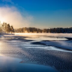Generated image A winter lake with a layer of ice and soft mist rising in the early morning light