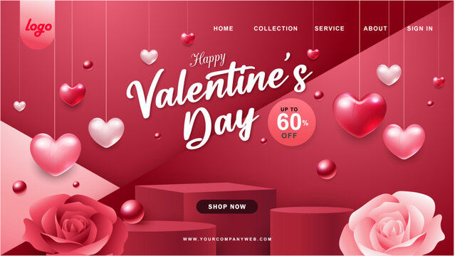 Vector landing page template greeting card for Valentines day. Valentine's decoration on pink background illustration. Celebrate event and sale