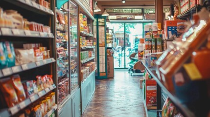 Naklejka premium Modern grocery store aisle filled with colorful products
