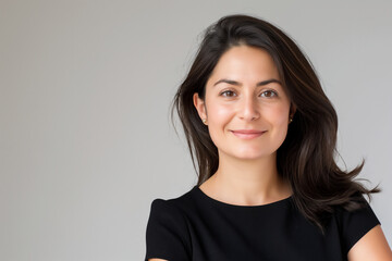 Obraz premium Portrait of a smiling woman with dark hair wearing a black top, standing against a neutral gray background. Copy Space 