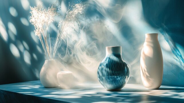 Minimalist ceramic vases with pampas grass in soft lighting