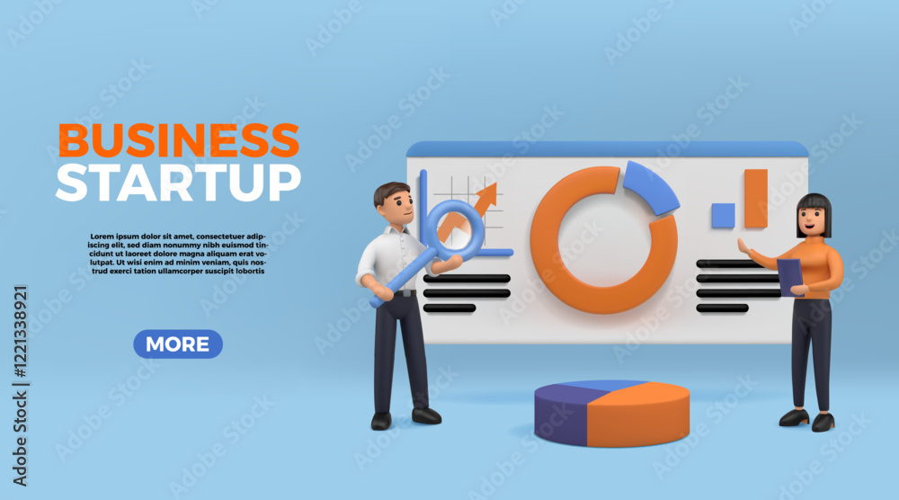 Poster 3d team. business startup landing page. finance analytics. people at whiteboard. teamwork strategy. 