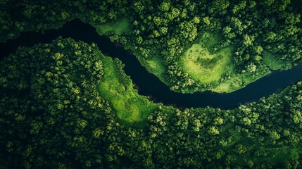 Aerial view of a river winding through a lush green forest.