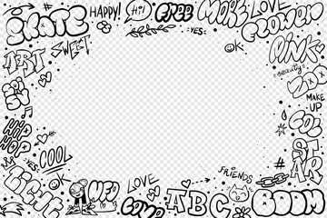 Street wall. Punk graffiti. Rap frame with hip hop tags. Paint signature. Text decoration with spray texture. Aerosol lettering border. Black marker graphic. Vector underground background