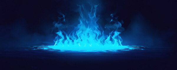 Bright blue flames rising from a dark surface create a mystical and vibrant visual effect at night