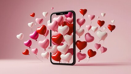 Modern Smartphone Surrounded by Heart-Shaped Balloons in Shades of Pink, Red, and White, Valentines Day Digital Artwork, Generative AI.