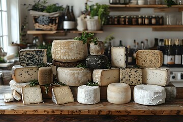 Artisanal cheese collection displayed on rustic wooden table in gourmet kitchen setting, featuring various aged and fresh cheeses with different textures and rinds for specialty food market.
