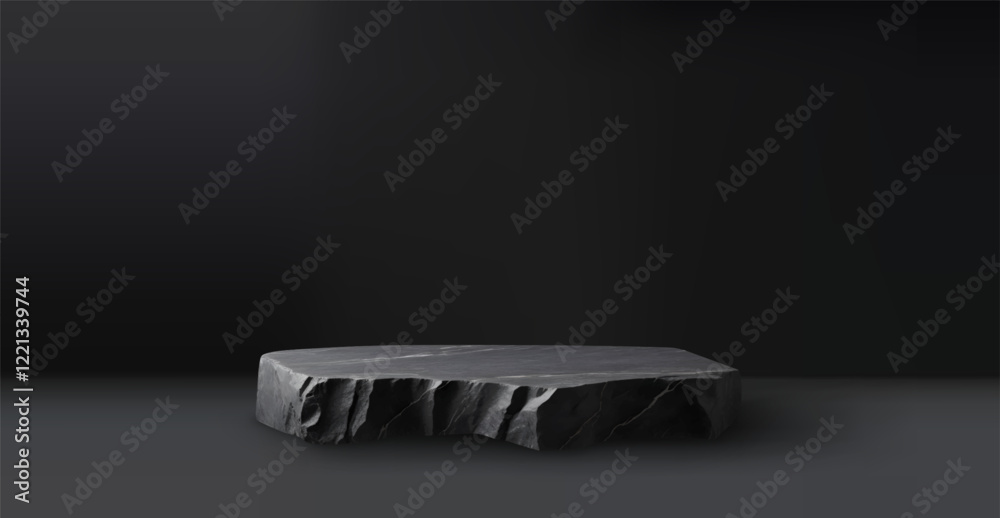 Poster Stone podium. Rock marble product stand, dark table display or 3d pedestal in studio with slab texture. Black empty minimal showcase. Natural elegant space for presentation. Vector background
