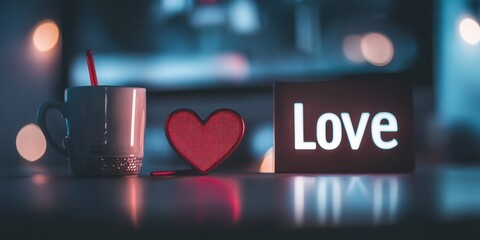 A cozy mug alongside a heartfelt card adorned with a heart for Valentine's Day.
