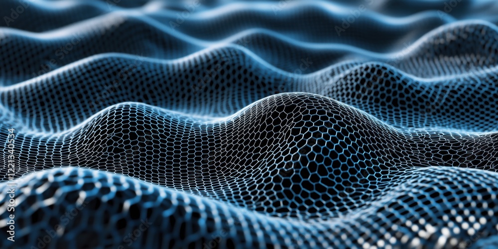 Poster hexagonal mesh pattern creating undulating waves in blue and black tones, showcasing depth and textu