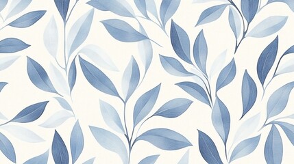 Watercolor seamless pattern of blue leaves on white background.