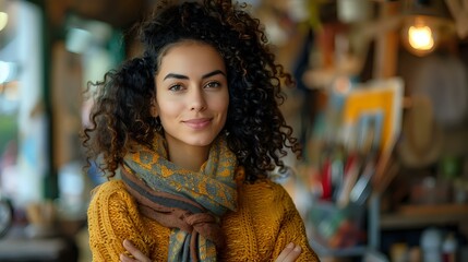 Beautiful young woman with curly dark hair wearing yellow knit sweater and scarf smiling at camera in cozy cafe setting, perfect for lifestyle and fashion marketing.