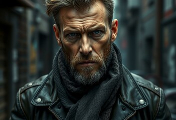 Fototapeta premium Masculine diesel punk portrait with urban backdrop