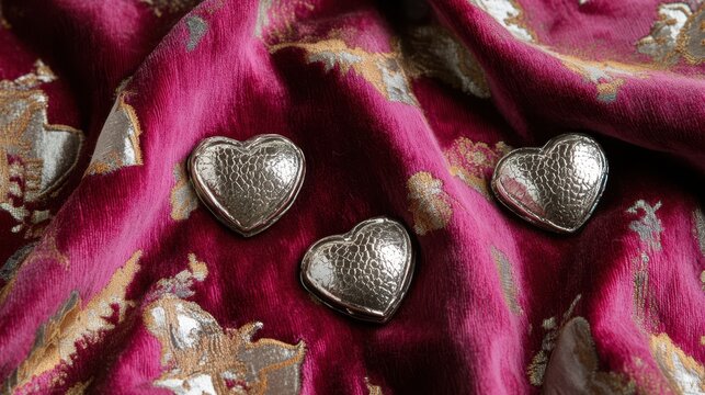 Three silver hearts rest on pink fabric, set against a shimmering gold background, perfect for Valentine's Day.