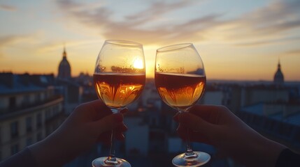 A romantic scene featuring two wine glasses held against a beautiful sunset backdrop.