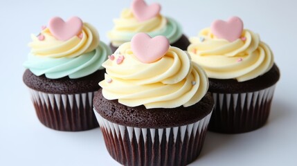 Three delightful cupcakes adorned with heart-shaped frosting for a sweet Valentine's Day treat.