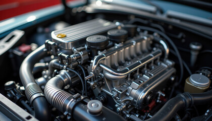 Industrial aesthetic of an internal combustion engine encapsulating the synergy of performance and technology in the automotive sector.