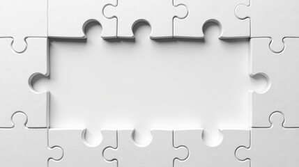 White Jigsaw Puzzle Pieces Forming a Blank Central Space for Text or Image Ideal for Presentations, Reports, and Visual Communication of Ideas and Concepts