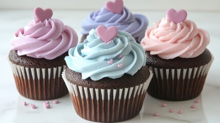 Three colorful cupcakes with frosting are beautifully arranged on a white plate, perfect for a sweet Valentine's treat.