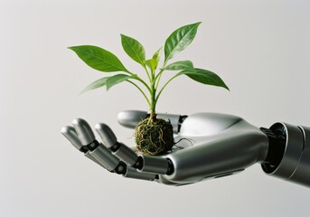 A photograph of a bud plant on a modern silver robot hand, blending nature and technology

