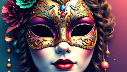 Colorful Mardi Gras banner featuring an elegant mask surrounded by vibrant decorations and floral elements celebrating the festive spirit of this cultural event