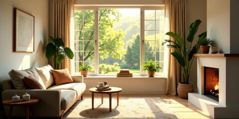 Obraz premium Serene living room interior design featuring a comfortable sofa, sunlight streaming through large windows, and a cozy fireplace, creating a relaxing and inviting atmosphere.