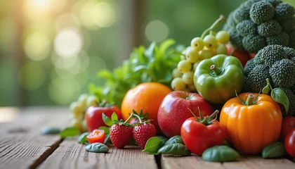  Fresh fruits and vegetables are beautifully arranged on a wooden table in natural light, symbolizing a healthy diet. © Fanil