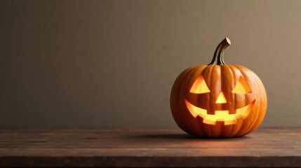 Illuminated Jack-o'-lantern on Rustic Wooden Tabletop with a Muted Background