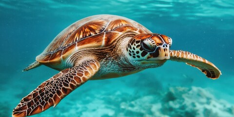 Obraz premium A vibrant sea turtle glides gracefully through clear turquoise waters, showcasing its intricate shell patterns and serene underwater environment.