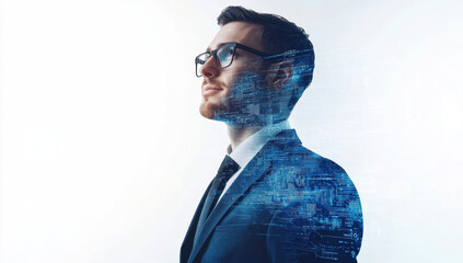 Tech Visionary: A portrait of a pensive businessman, his form interwoven with digital circuitry, symbolizing the fusion of human ingenuity and technological advancement. 