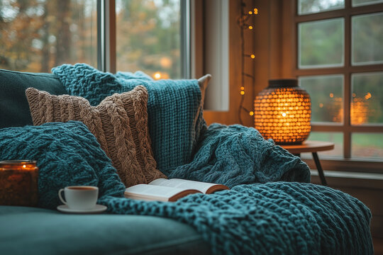 Photo d'un coin lecture cosy avec plaid, livre ouvert et source de lumière, ambiance cocooning hivernale et chaleureuse