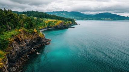 Fototapeta premium A serene coastal landscape featuring cliffs, lush greenery, and calm turquoise waters under a cloudy sky.