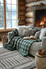 Photo d'un coin lecture cosy avec plaid, livre ouvert et source de lumi&egrave;re, ambiance cocooning hivernale et chaleureuse