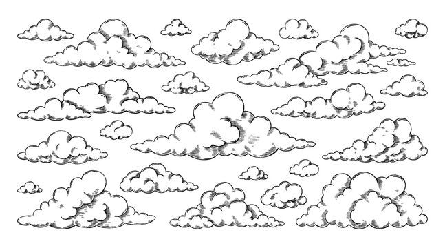 Cloud sketch. Vintage hand draw sky isolated element, retro line art or sketchy nature rain, wind. Outdoor ink cloudy storm, engraving pencil drawing, minimal graphic. Vector doodle set