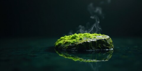 Fototapeta premium Serene Mossy Rock Islet, Steam Rising from Still Waters, Ethereal Green Reflection