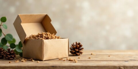 A rustic brown cardboard box overflowing with crunchy granola sits on a wooden surface, accompanied by pine cones and eucalyptus leaves, creating a natural and wholesome scene.