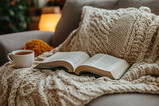 Photo d'un coin lecture cosy avec plaid, livre ouvert et source de lumi&egrave;re, ambiance cocooning hivernale et chaleureuse